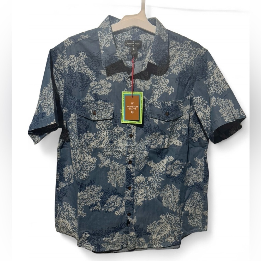Size Large Houston White Men's Blue Floral Casual Button Down Shirt
